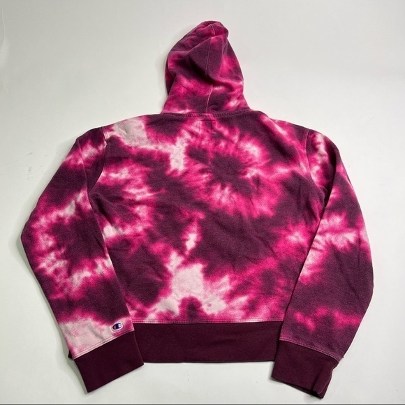 𝅺CHAMPION Pink & White Burgundy Tie Dye Trendy Cozy Pouch Hoodie Sweatshirt - Picture 5 of 7